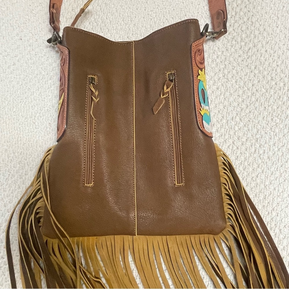 American Darling Cow Print Hair Fringe Western Purse Crossbody Messenger Bag - Picture 6 of 13